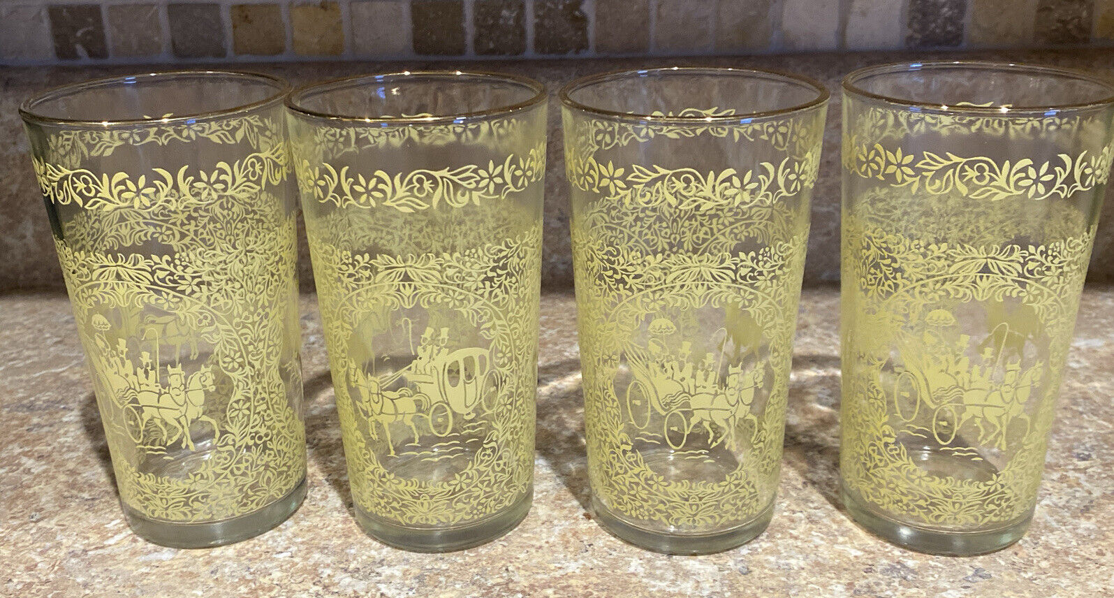 4 Hazel Atlas Monticello Yellow And Gold Drinking Glasses Horse Buggy Images