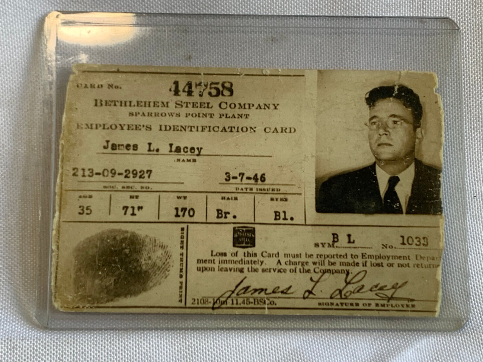 Vtg 1946 Bethlehem Steel Company Employee ID Card #44758 Sparrows Point MD