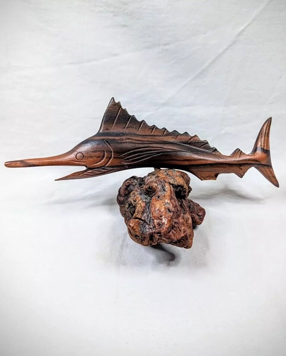 Burlwood Swordfish Sculpture Hand Carved Wooden Marlin Nautical Decor Base Cool