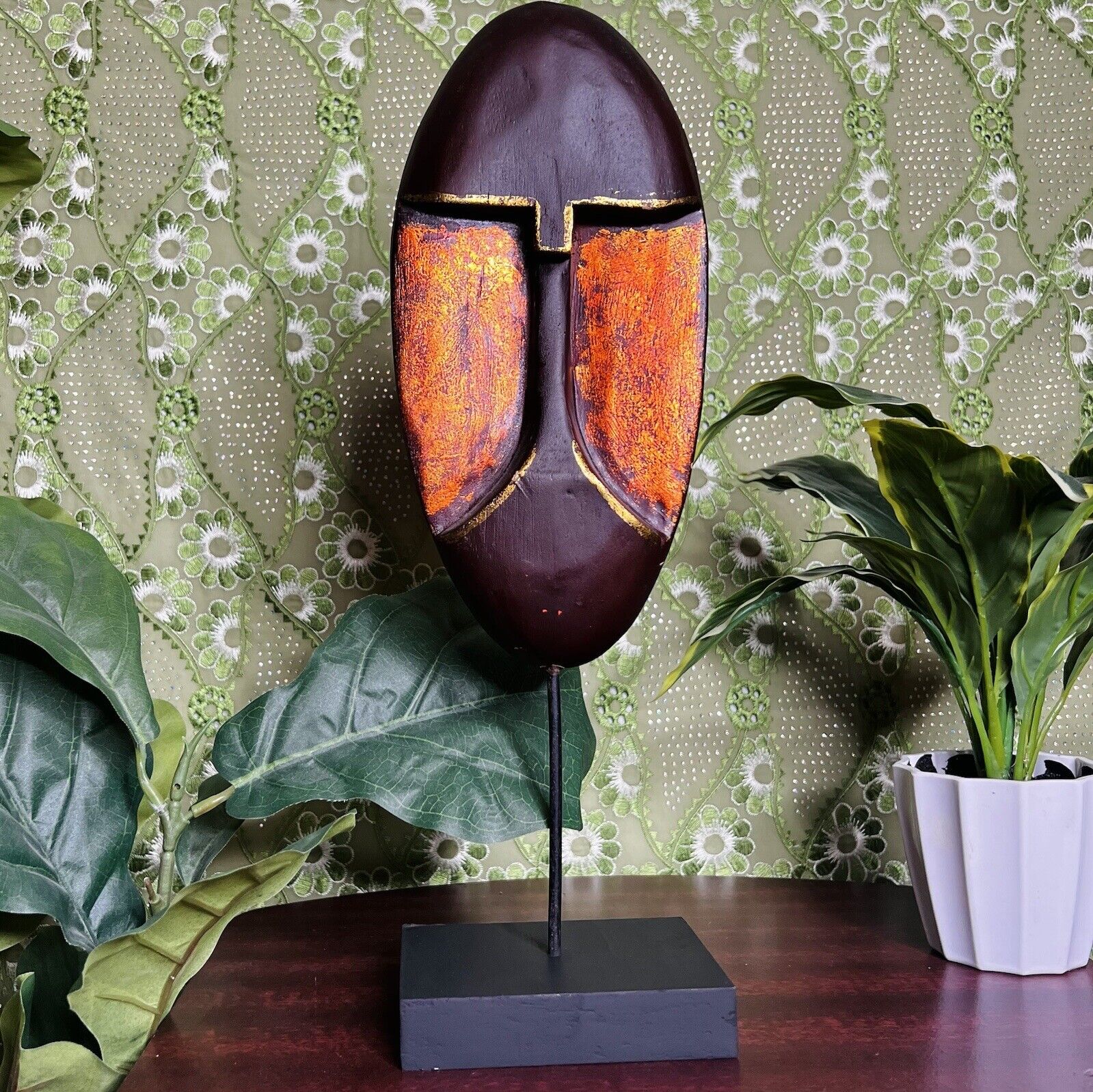 African Brown & Metallic Orange Face Mask Statue