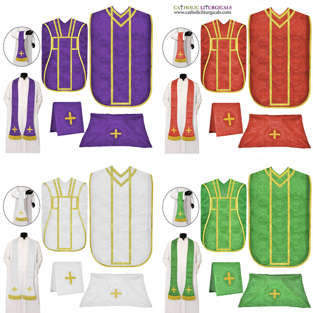 Set of 4 Red,White,Green,Violet Roman Chasuble Fiddleback Vestment & Mass set