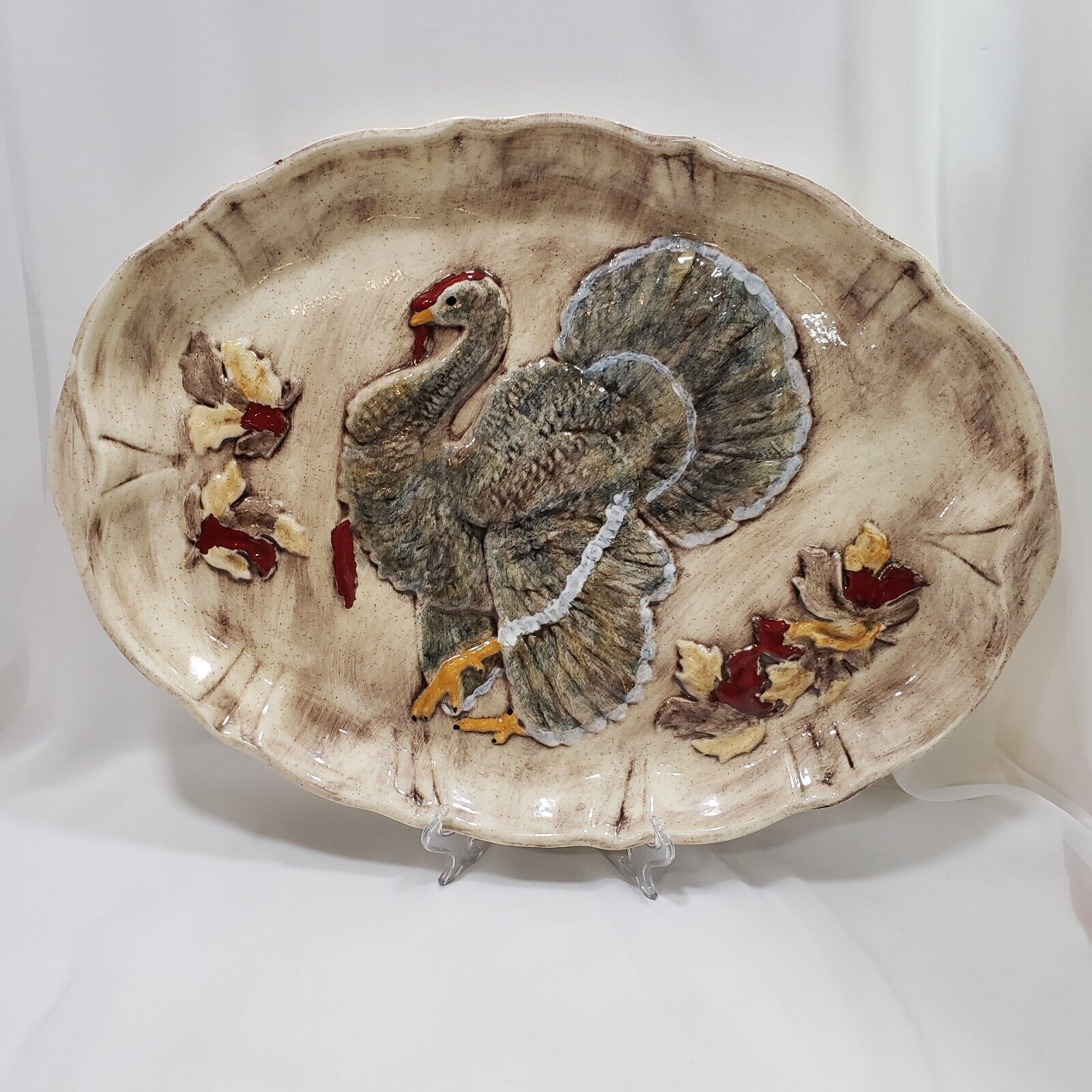 Thanksgiving Turkey Platter Multicolor Ceramic Oval 19.25x14.5