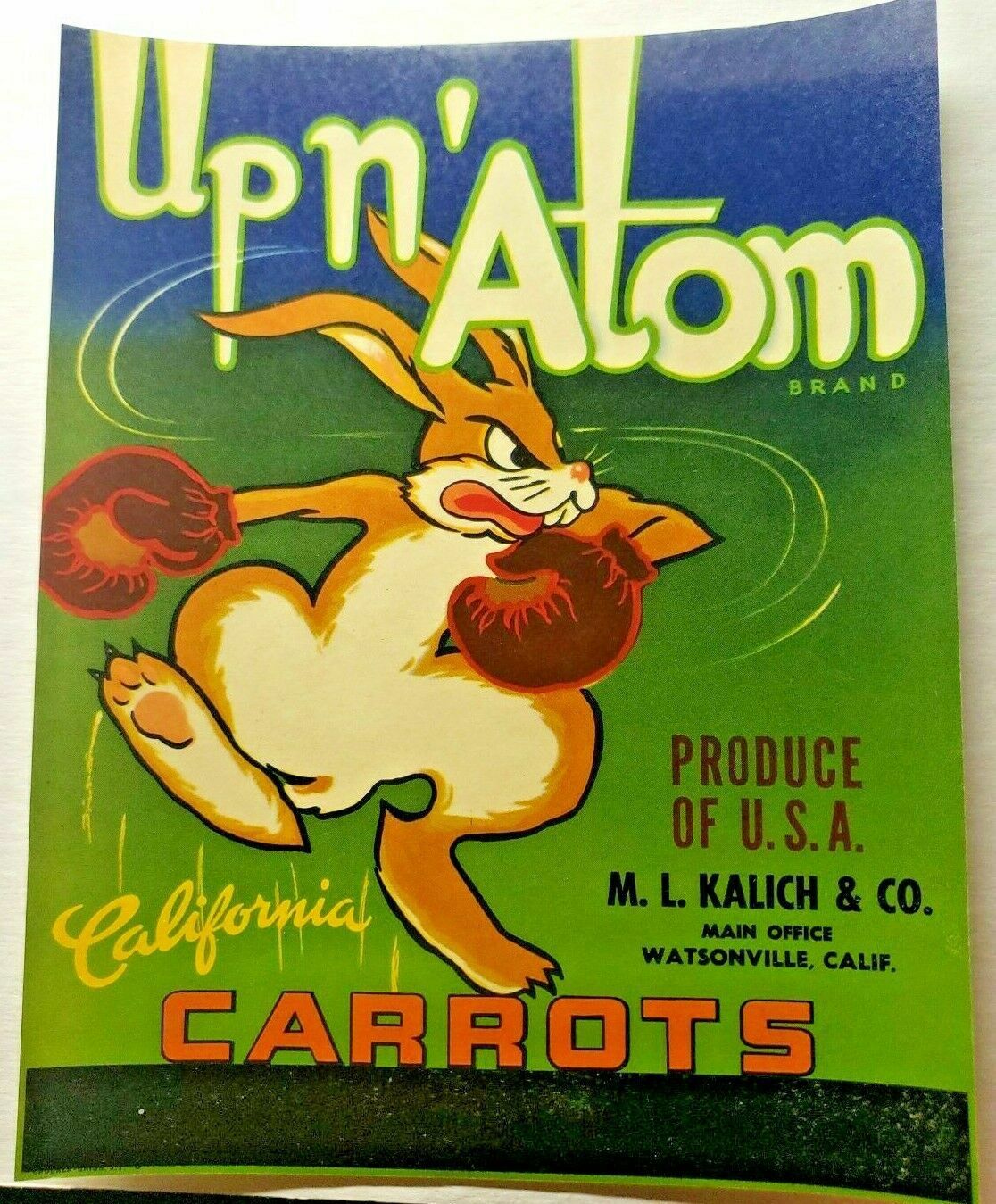 Vintage Up n\' Atom Original 1940s Watsonville, CA Carrots Crate Label (B-2)