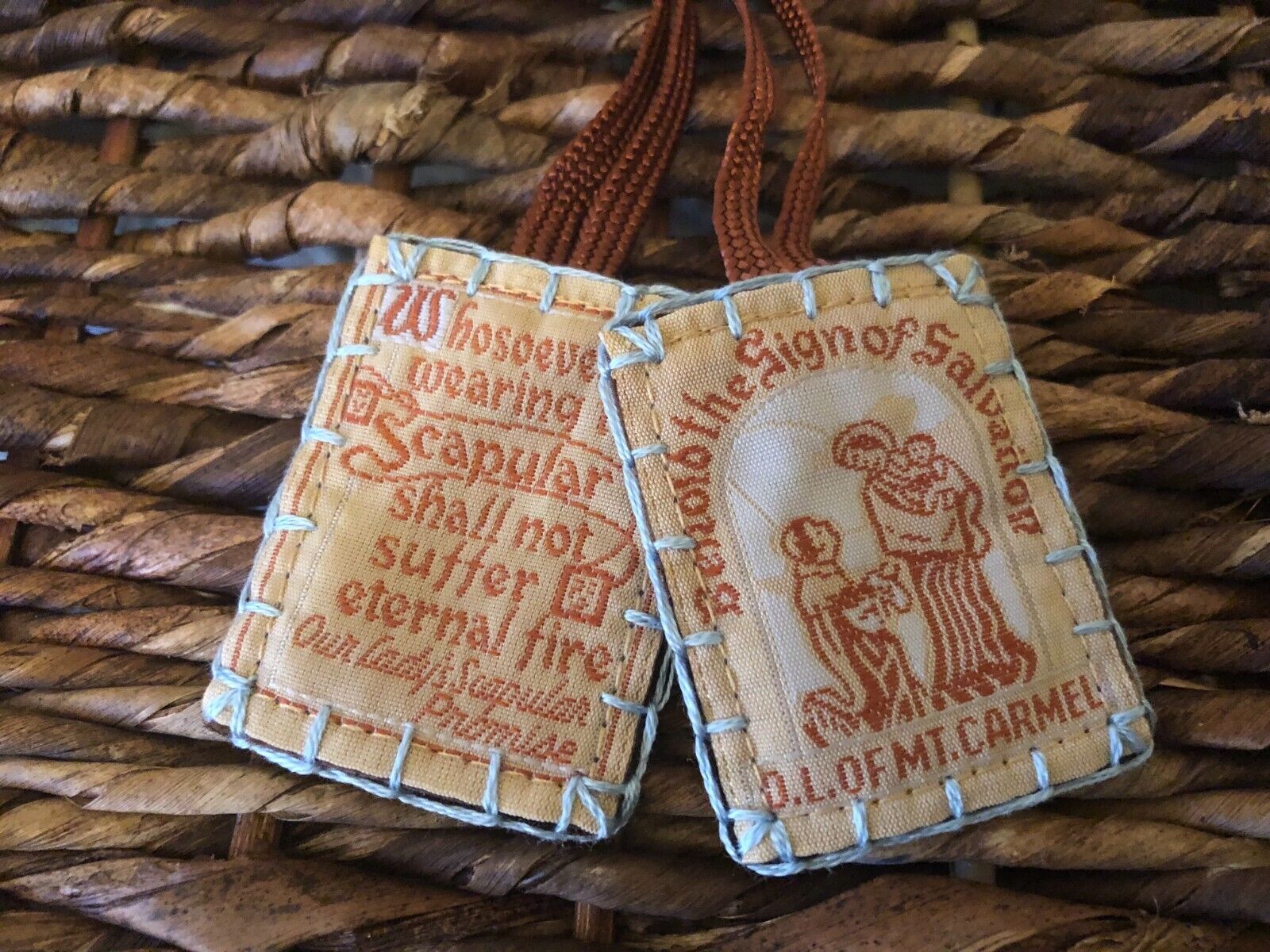 Carmelite Brown Scapular - Hand Embroidered in Light Blue - 100% wool