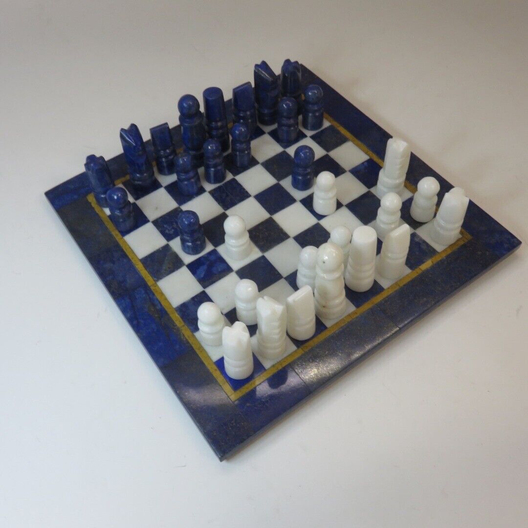Handmade White and Blue Lapis Chess Board with Felt Covered Display Case