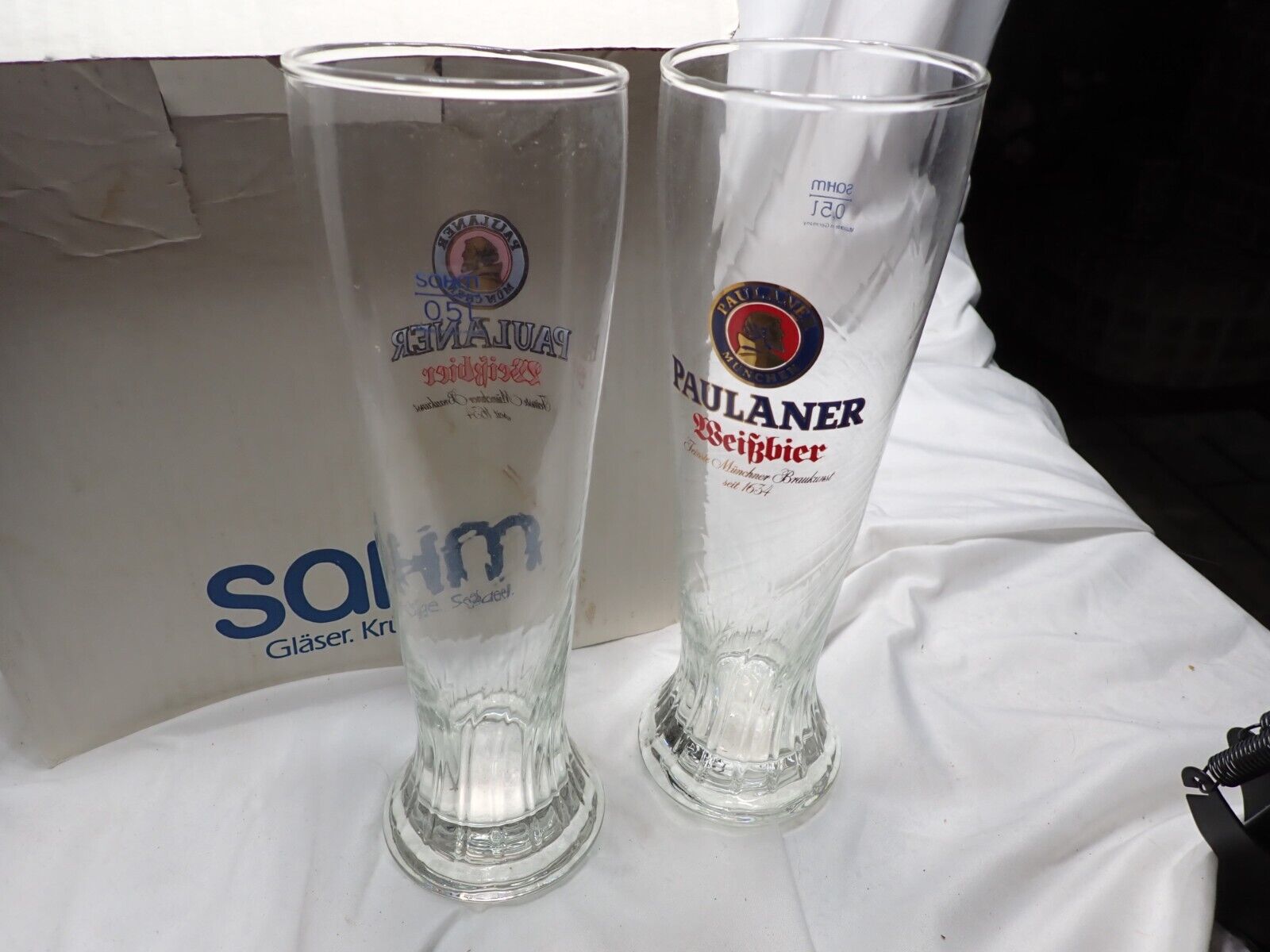 Set of 6 Unused Sohm. Germany Paulaner Pilsner .5L Beer Glasses 10” Glass Nice