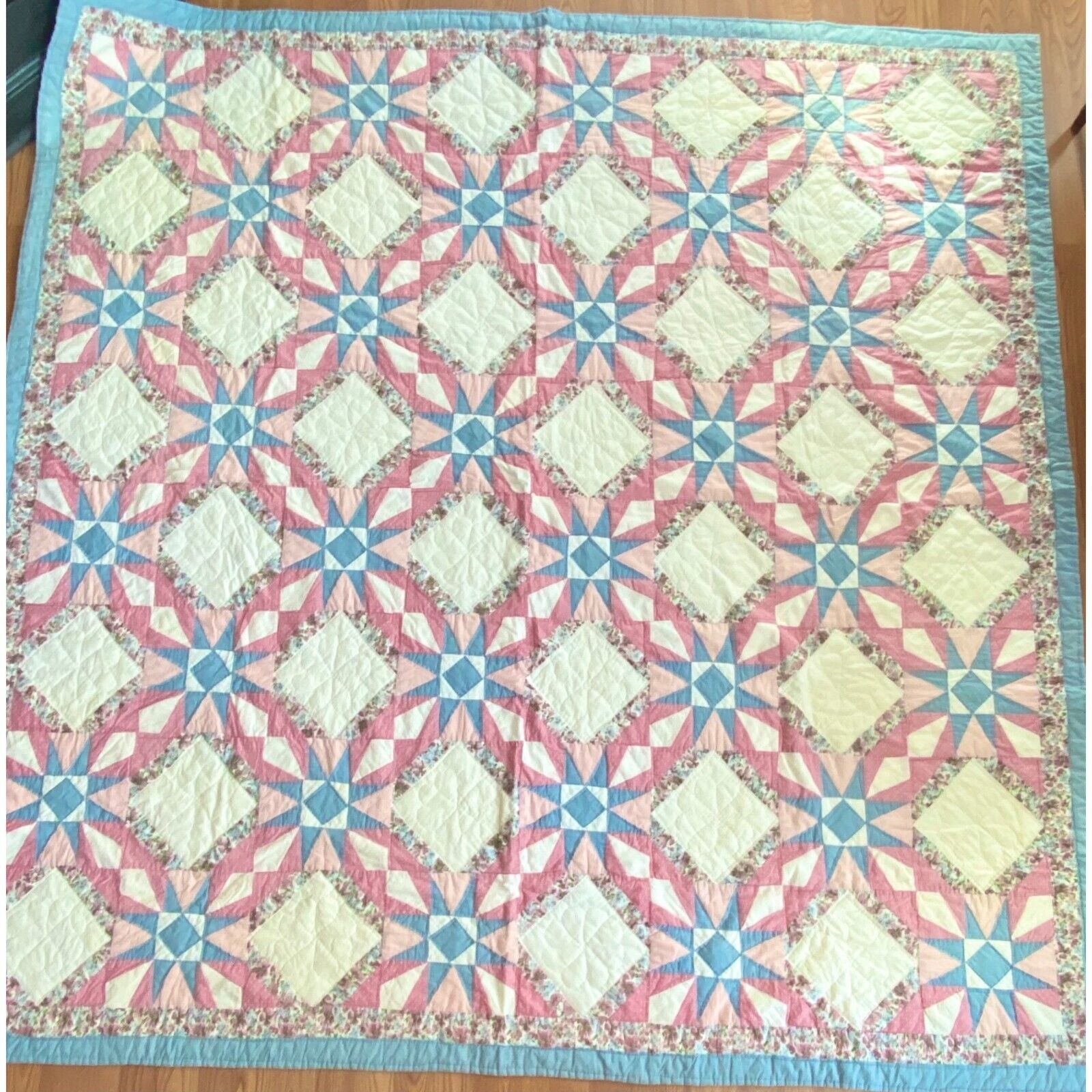 Quilt Blanket Hand Made Stitched Blue Pink Flowers Floral Stars Bed Spread