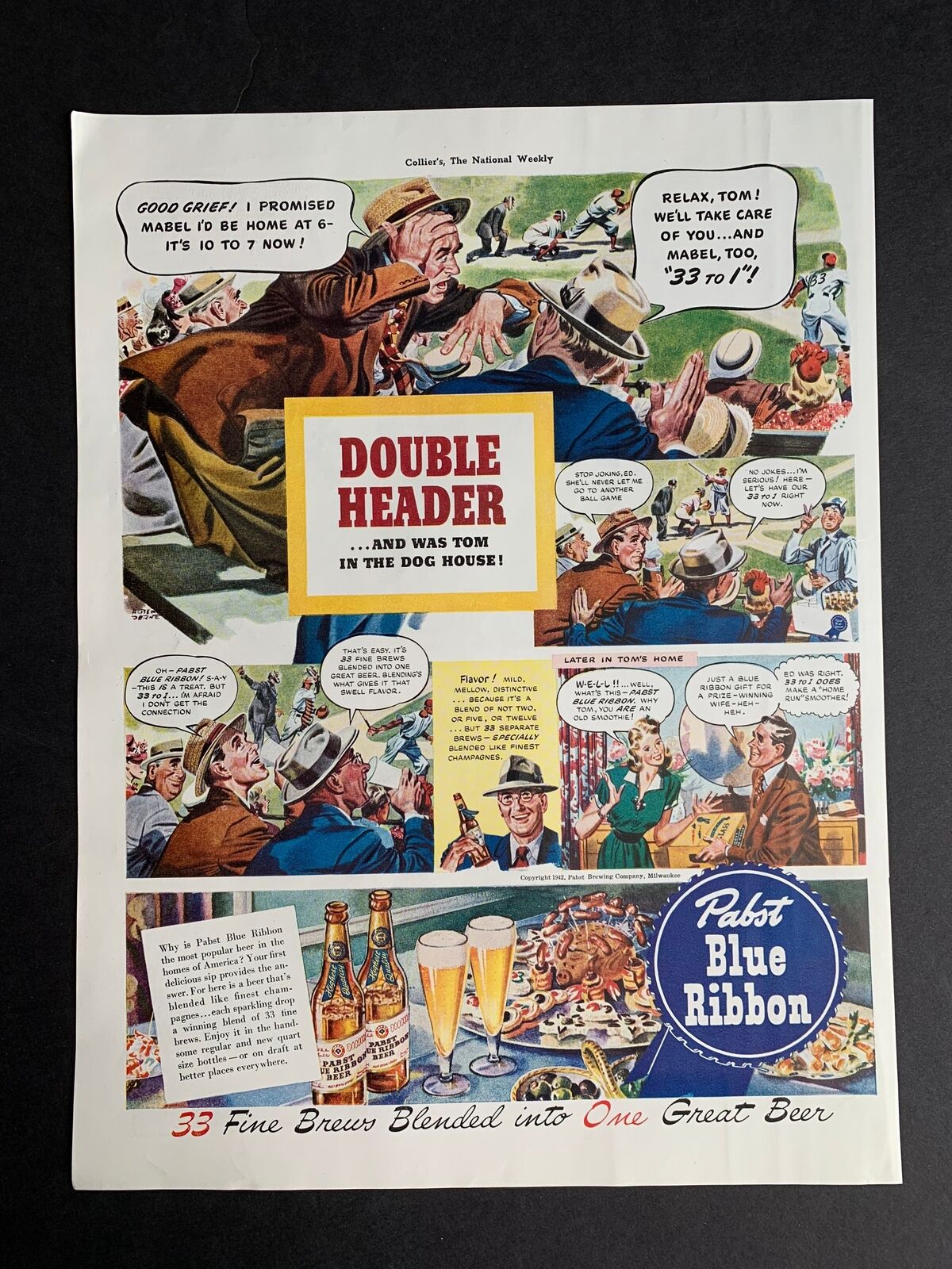 Vintage 1942 Pabst Blue Ribbon Beer Print Ad