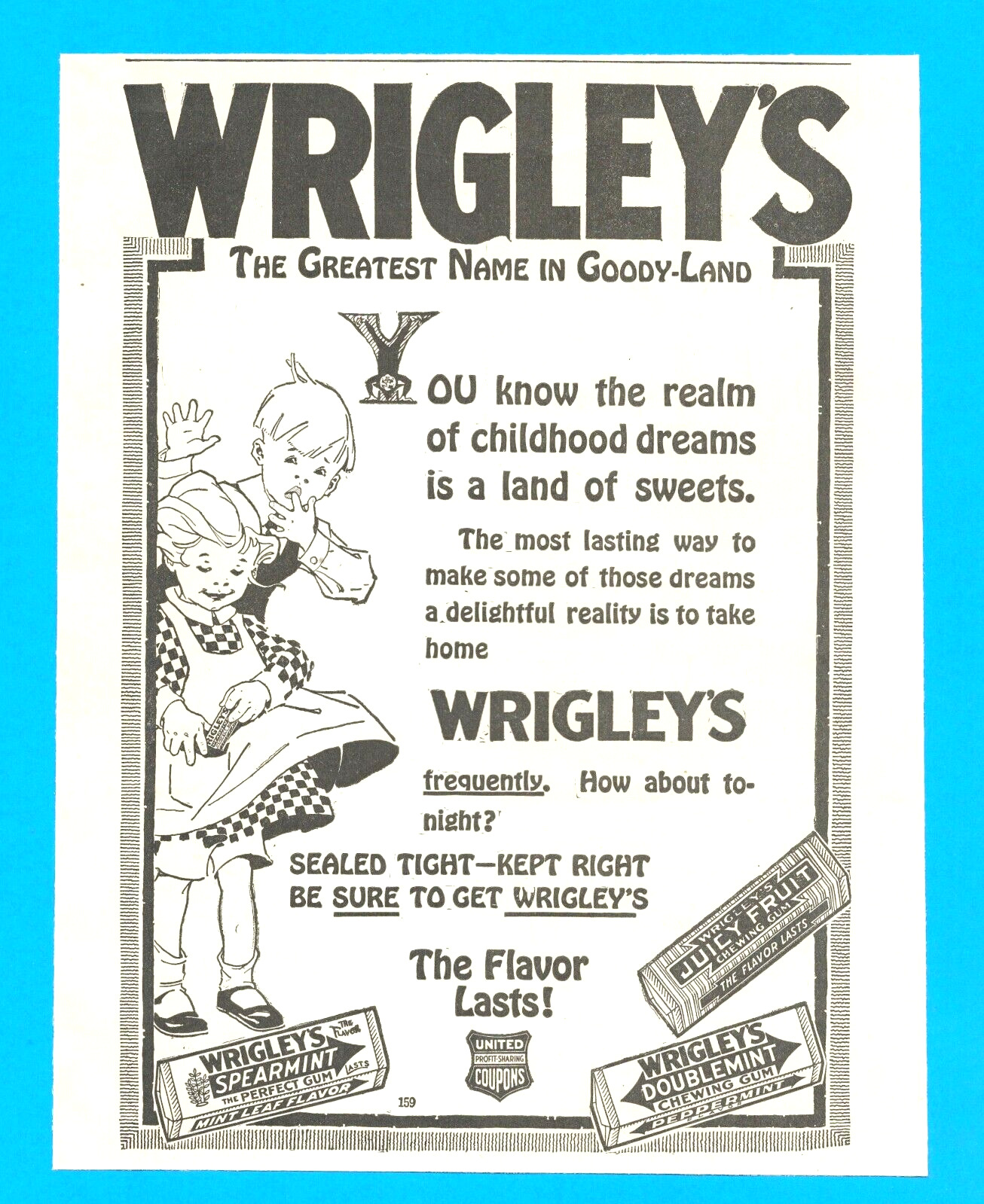 1919 Wrigley\'s Chewing Gum juicy fruit spearmint antique PRINT AD little girls