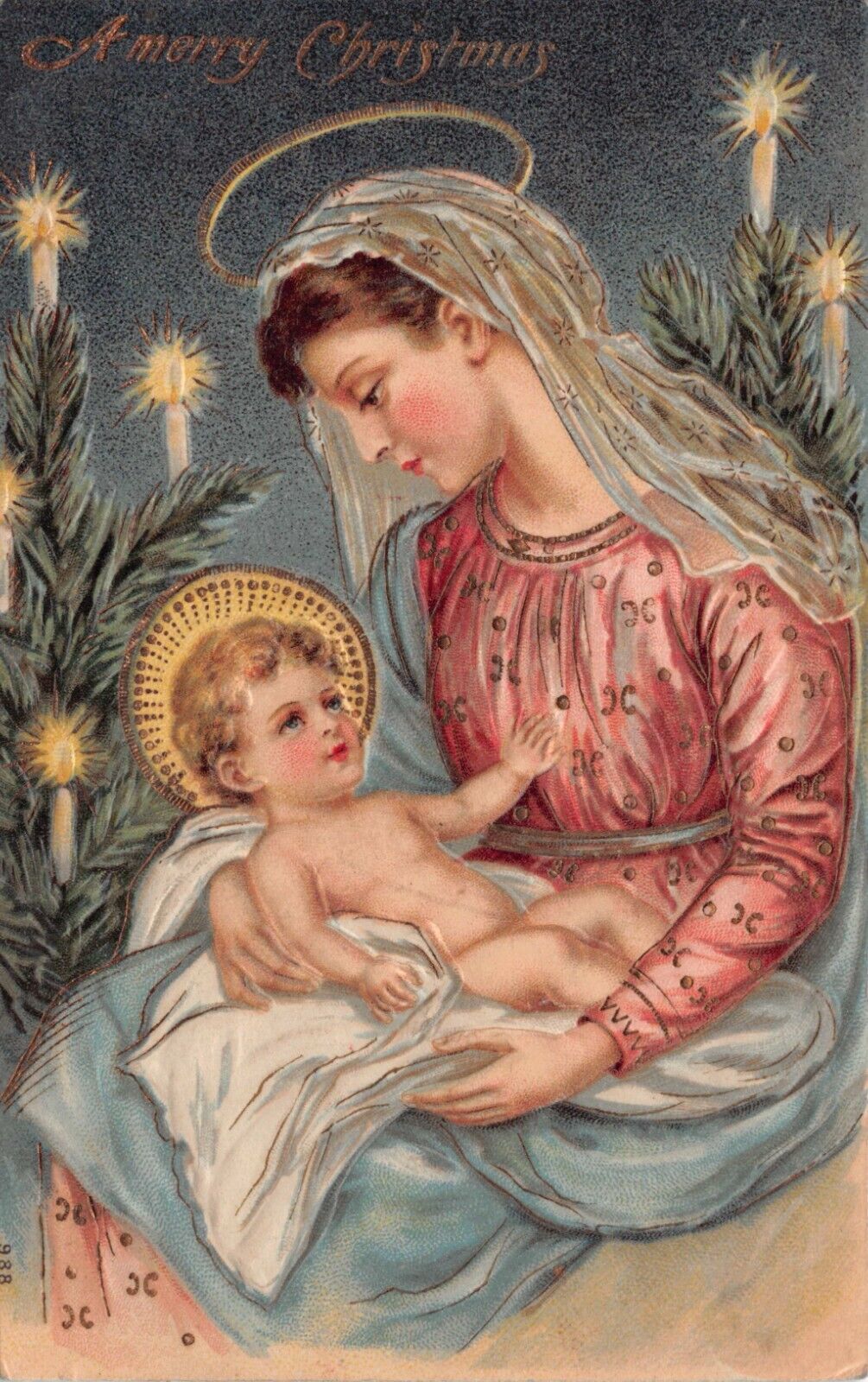 A Merry Christmas Mother Mary Baby Jesus Halos Pine Candles Vtg Postcard CP368