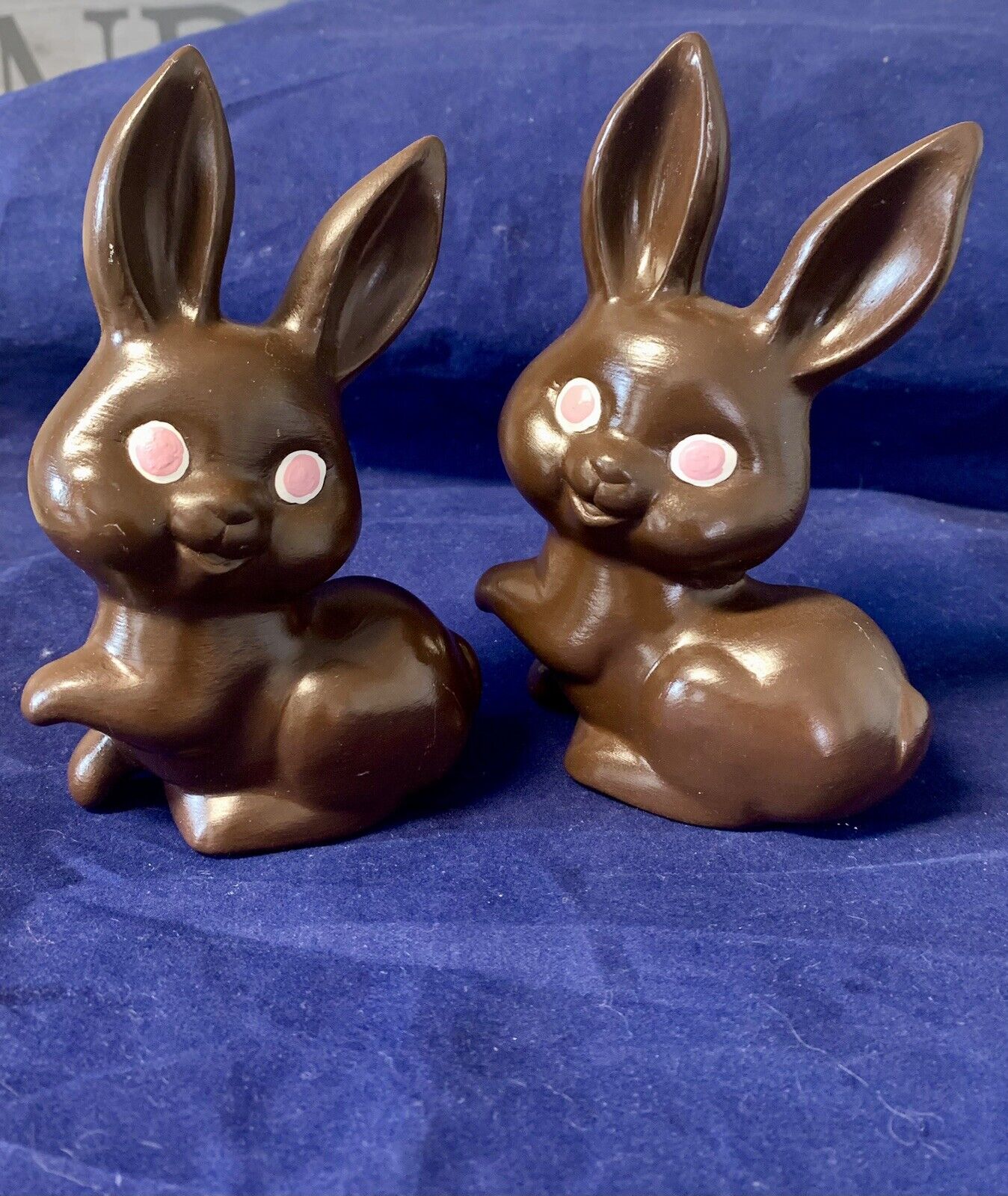 Vintage 2 Dark Chocolate Ceramic Easter Bunny Figurines With Bright Pink Eyes.