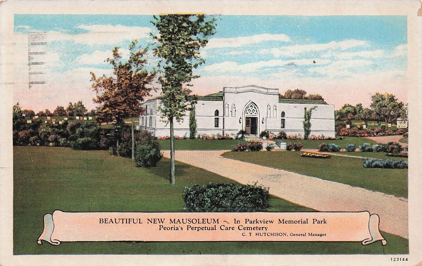 Peoria IL Illinois Cemetery Mausoleum Advertising Bradley Park Vtg Postcard E38