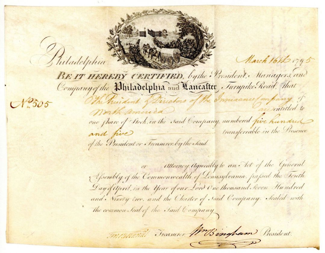 Philadelphia and Lancaster Turnpike signed by William Bingham - Vellum Stock Cer