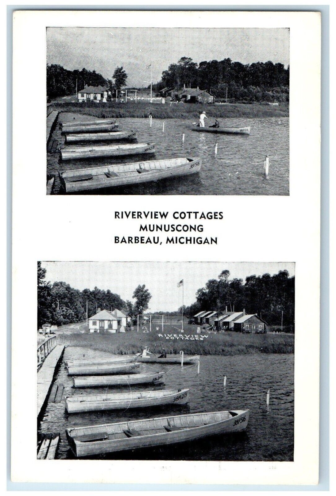 c1940 Riverview Cottages Canoe Boat Munuscong Barbeau Michigan Vintage Postcard