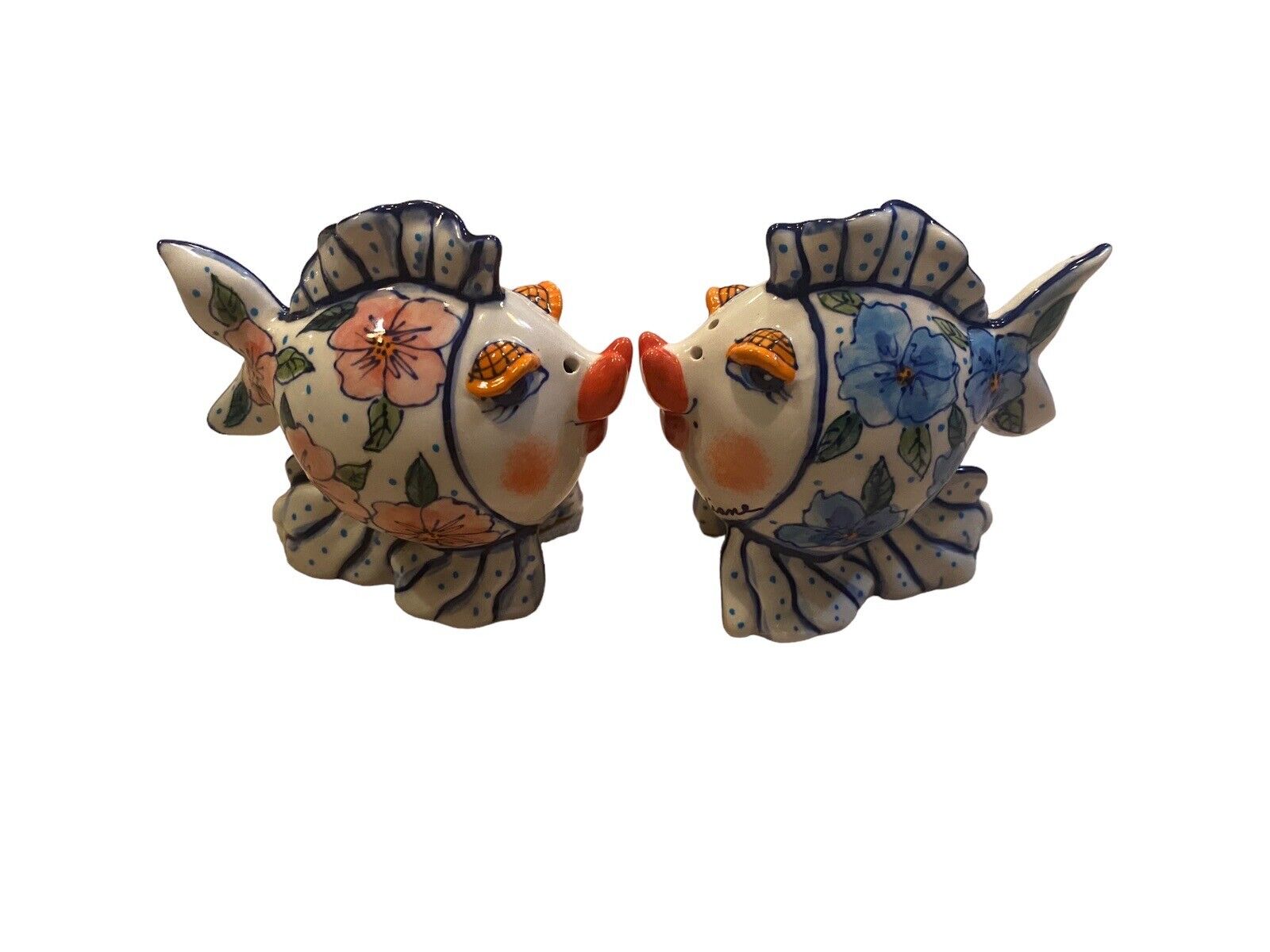 2002 Authentic Stoneware By Diane Hand Painted Kissing Fish Salt And Pepper Set