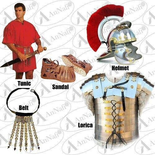 Roman Lorica Segmentata Armour, Helmet, Tunic, Sandal & Belt Full Costume