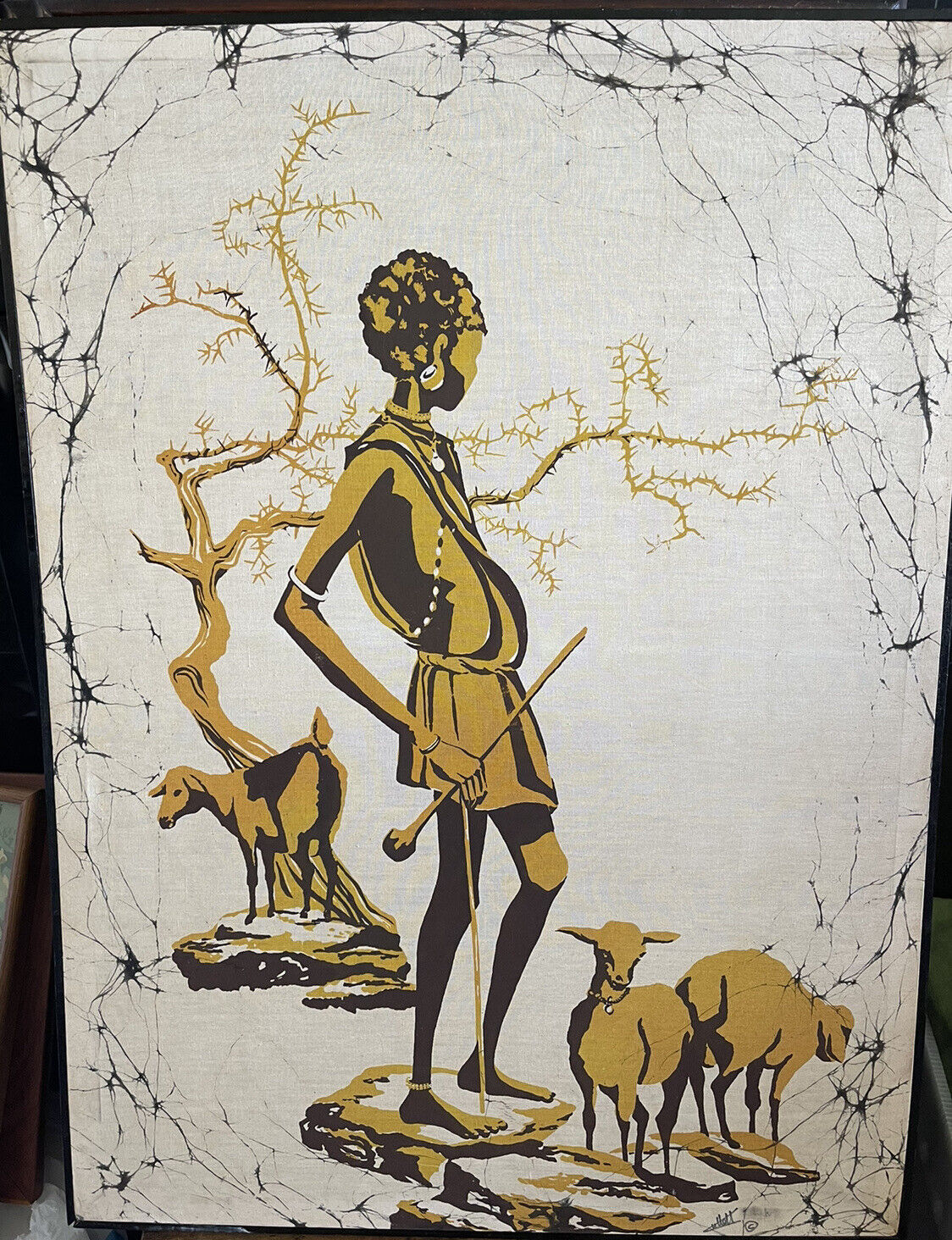 Vintage Framed Batik Fabric Art African Culture Scene Signed 30”x22” EXQUISITE
