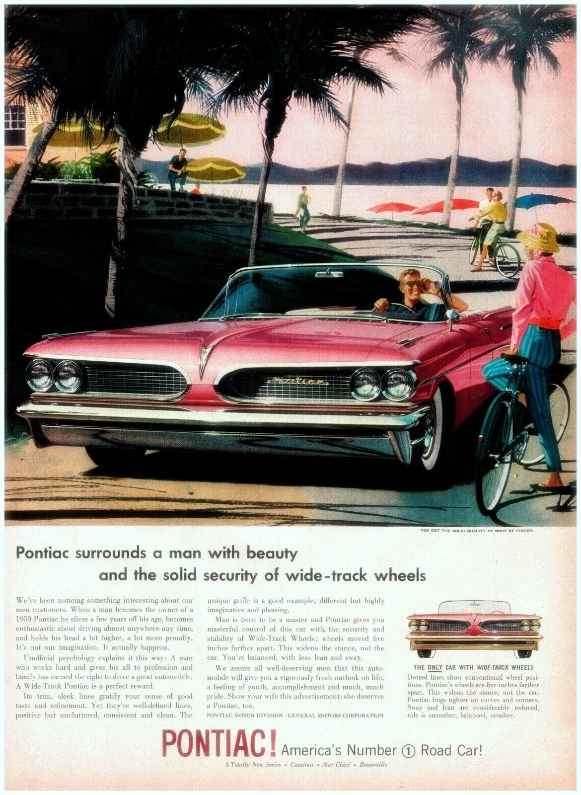 1959 Pontiac Wide Track Vintage Print Ad Beach Lady On Bicycle Palm Trees 