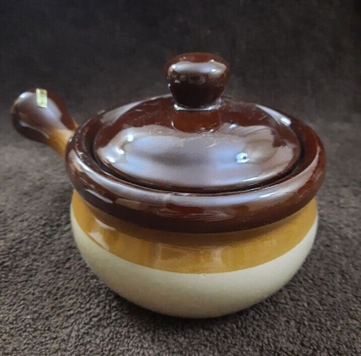 VINTAGE 2 TONE BROWN & BEIGE SMALL CERAMIC STONEWARE POT WITH LID AND HANDLE