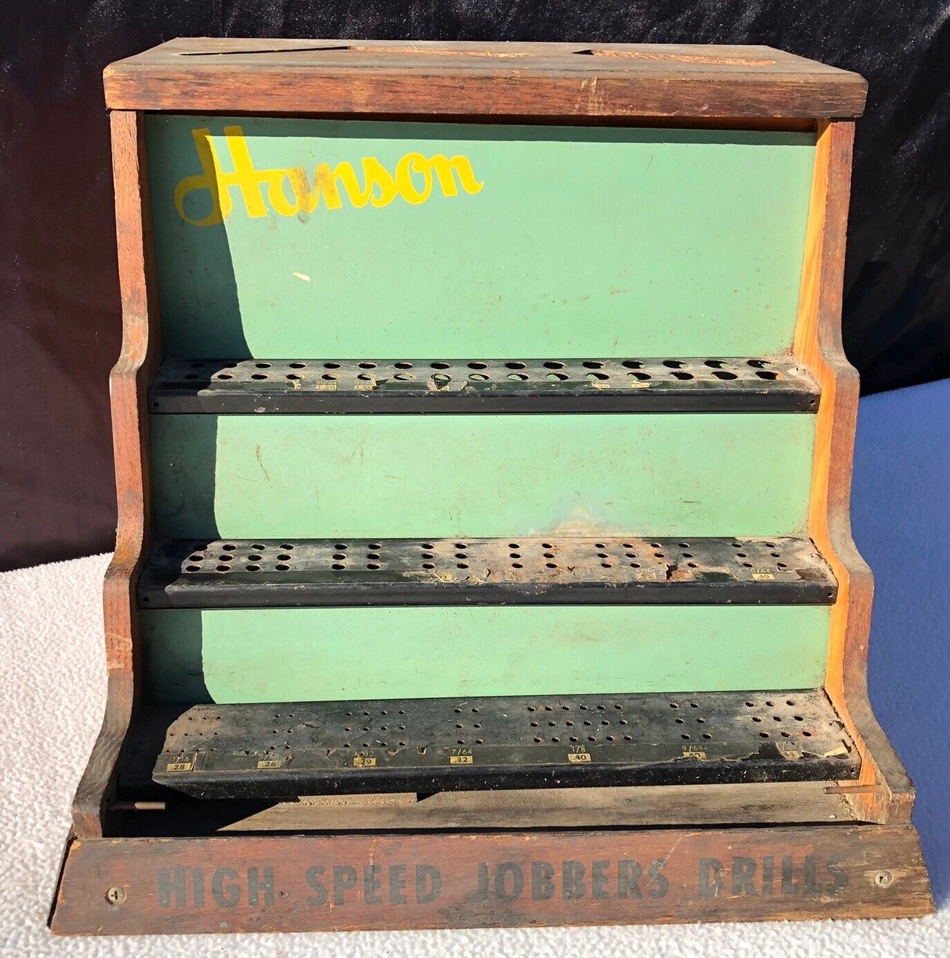 Circa 1950\'s Oak Bow Front Hanson High Speed Jobber Drill Bits Show Case