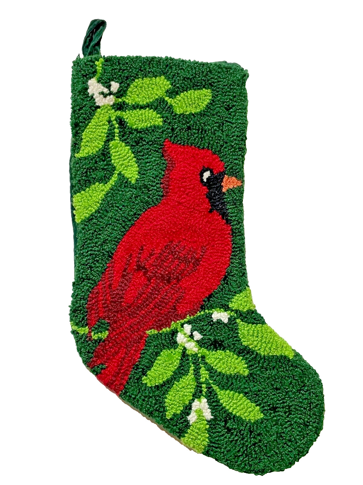 NEW Hooked Chenille Christmas Stocking Plush Dark Green Red Cardinal Leaves Bird