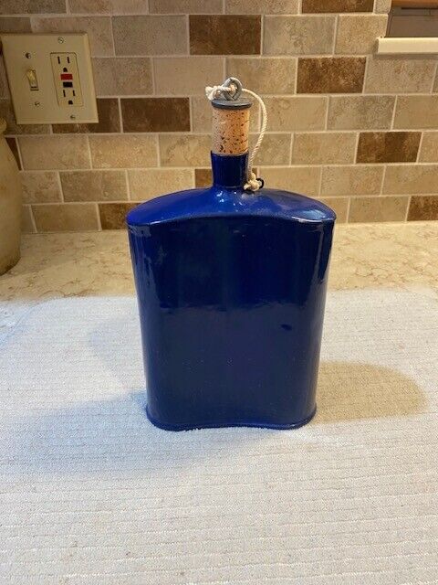 Antique Vtg Cobalt Blue Graniteware Enamel Drinking Flask w/Stopper