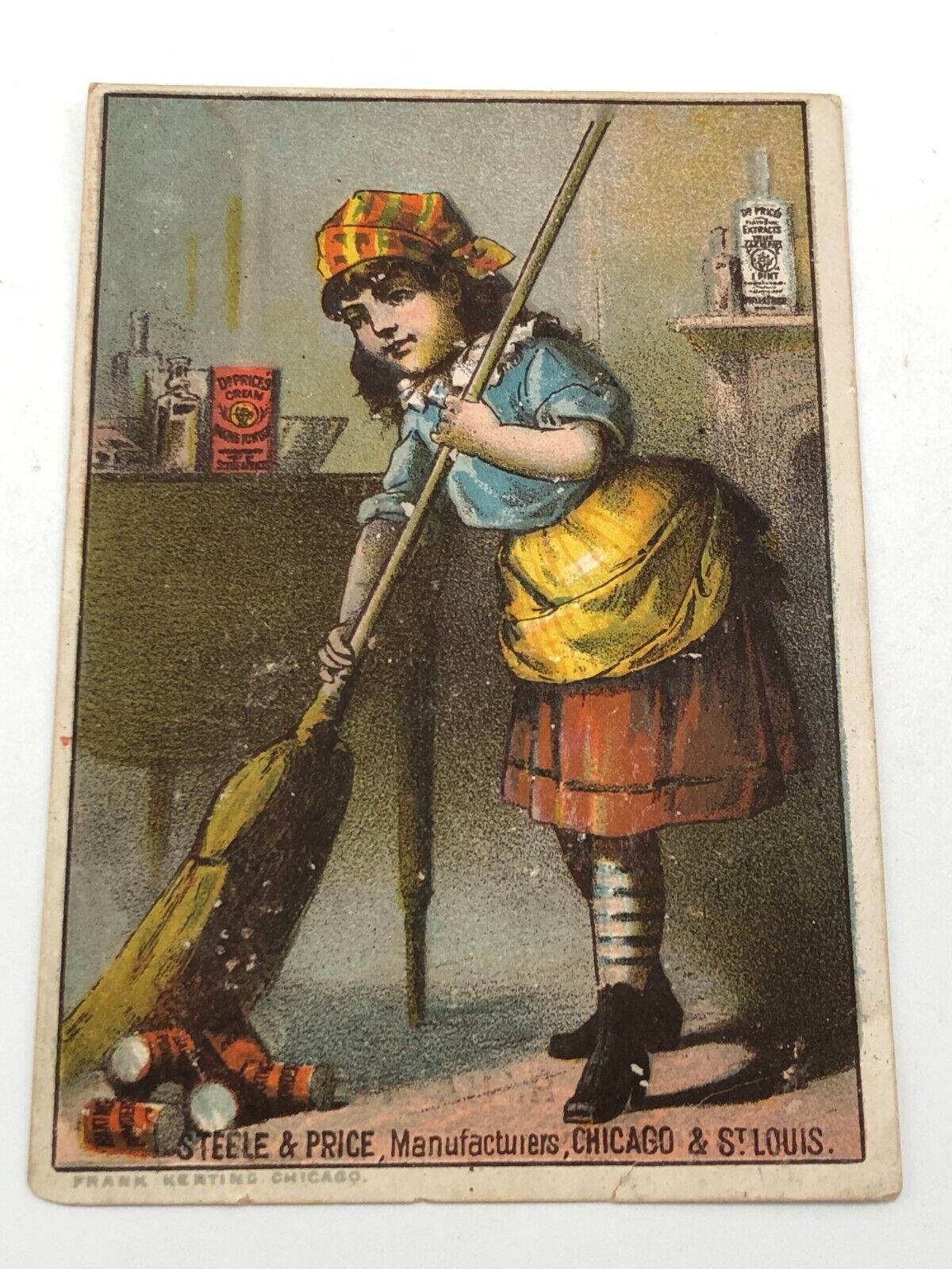 1880s Dr. Price\'s Cream Baking Powder Trade Card Cute Girl Broom -CH Harvey-Hunt