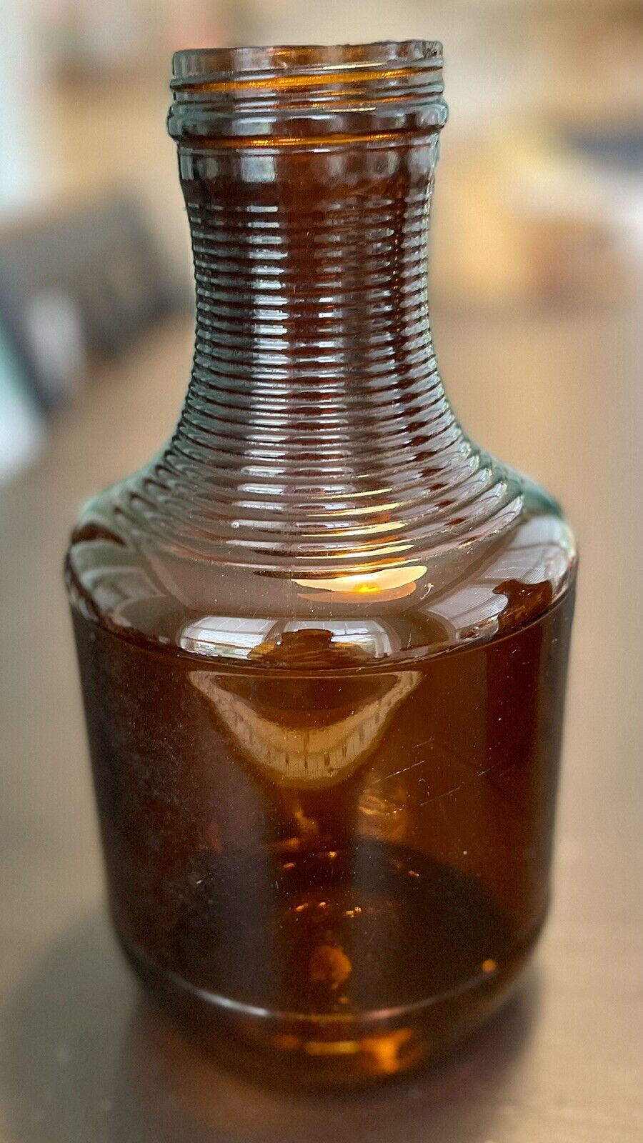 Vintage Large Detailed Amber Brown Glass Jar Bottle w/Screw Top 9”