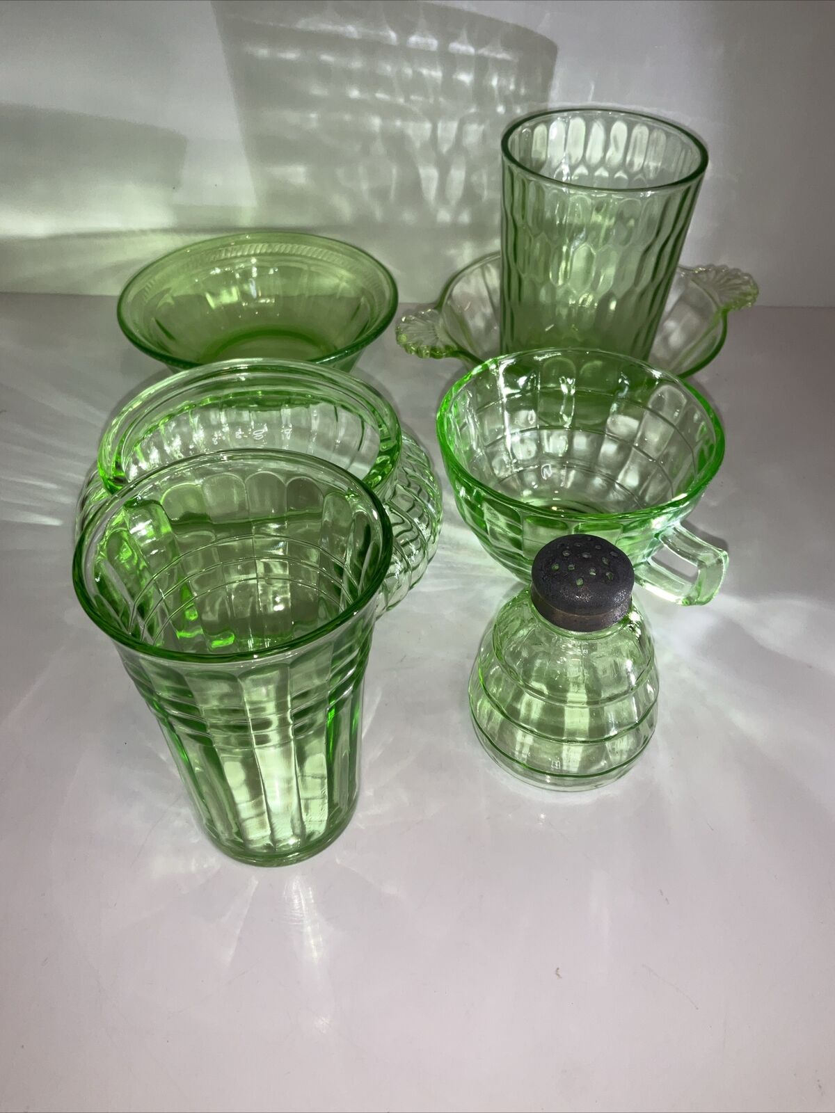 Lot Of 7Pieces Vintage URANIUM Depression Glass, Paneled Designs, Green Color