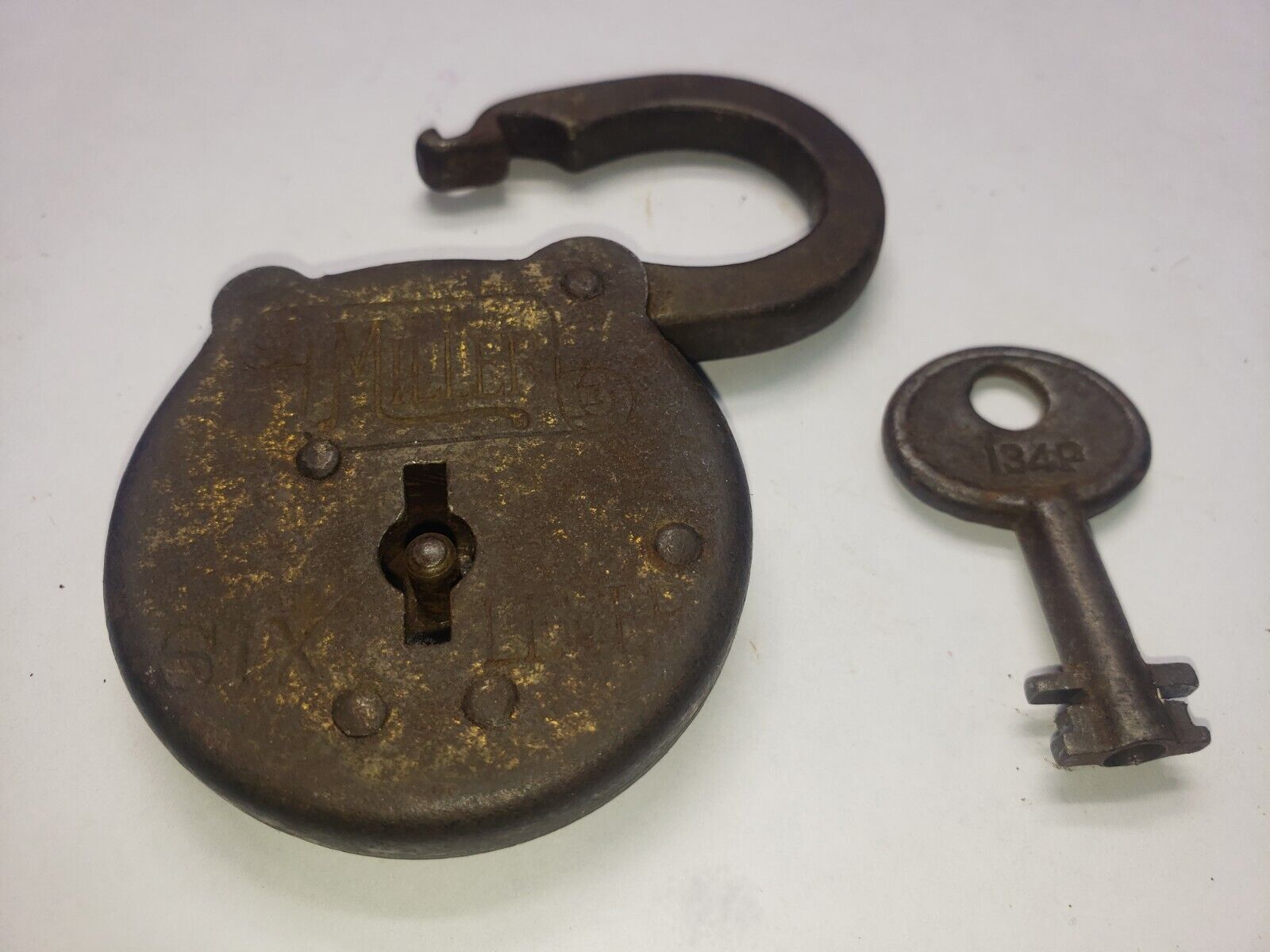 Antique Six Lever Miller pad lock with key working 