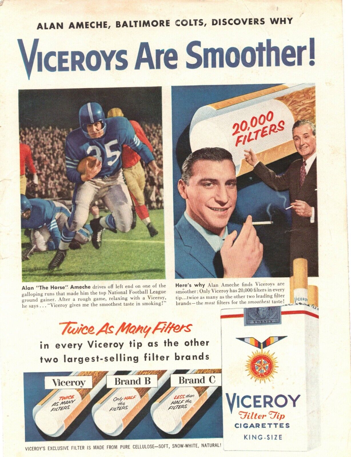 Vtg Print Ad 1950s 1956 Viceroy Cigarette Alan Amache Football Filter Tip