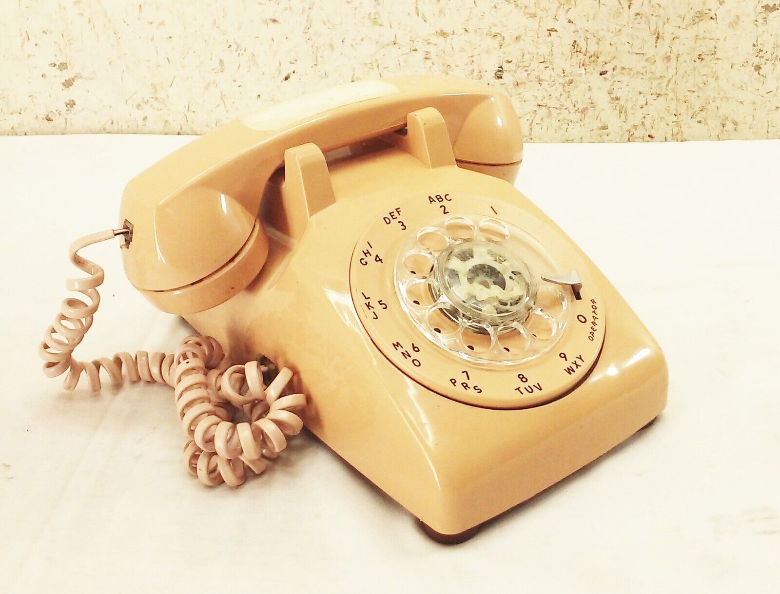 Vtg Beige peach rotary dial corded wall telephone phone retro 1980s