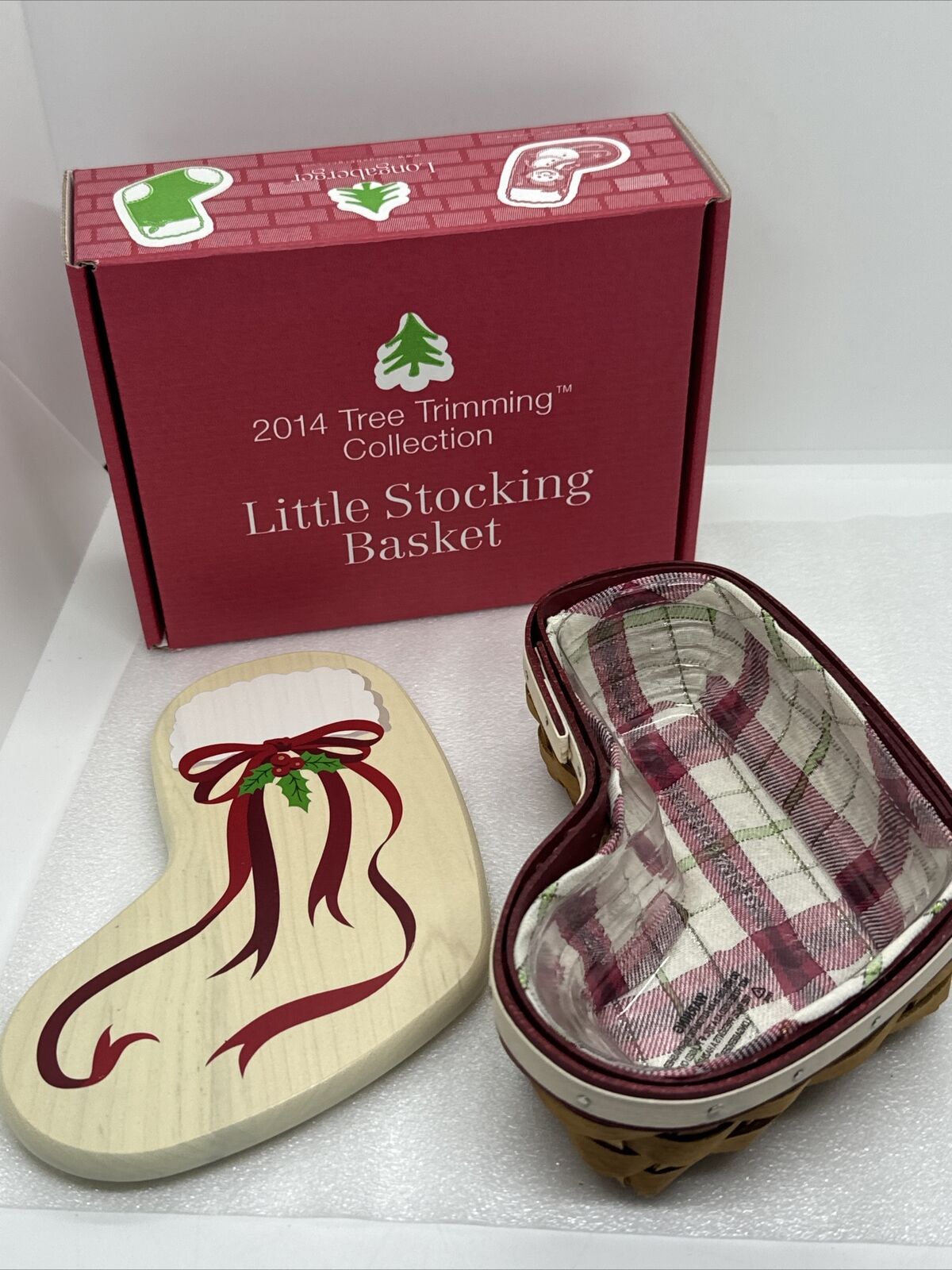Longaberger 2014 Christmas Stocking Basket With Liner Lid Box Tie-on Protector