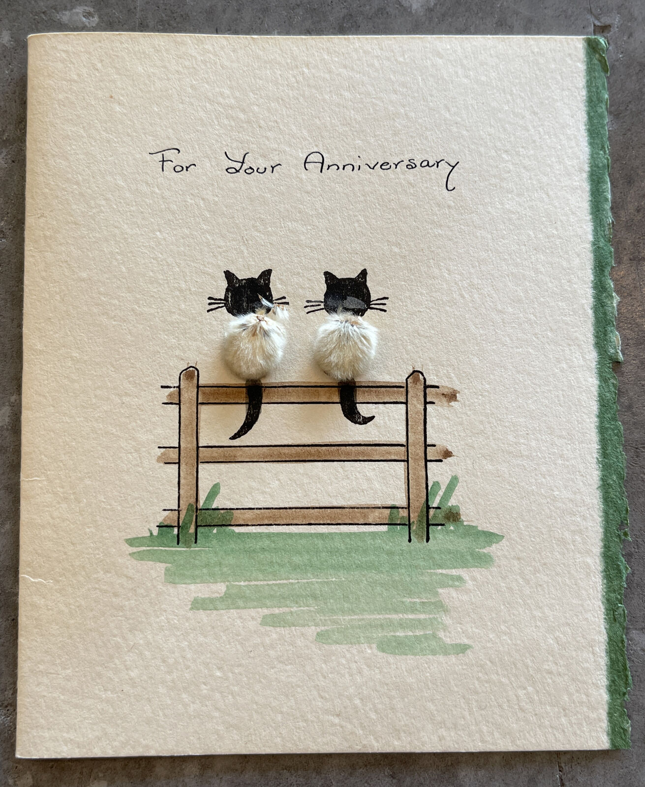 Vintage Cats on Fence Real 3D Pussy Willow Bodies Anniversary Greeting Card
