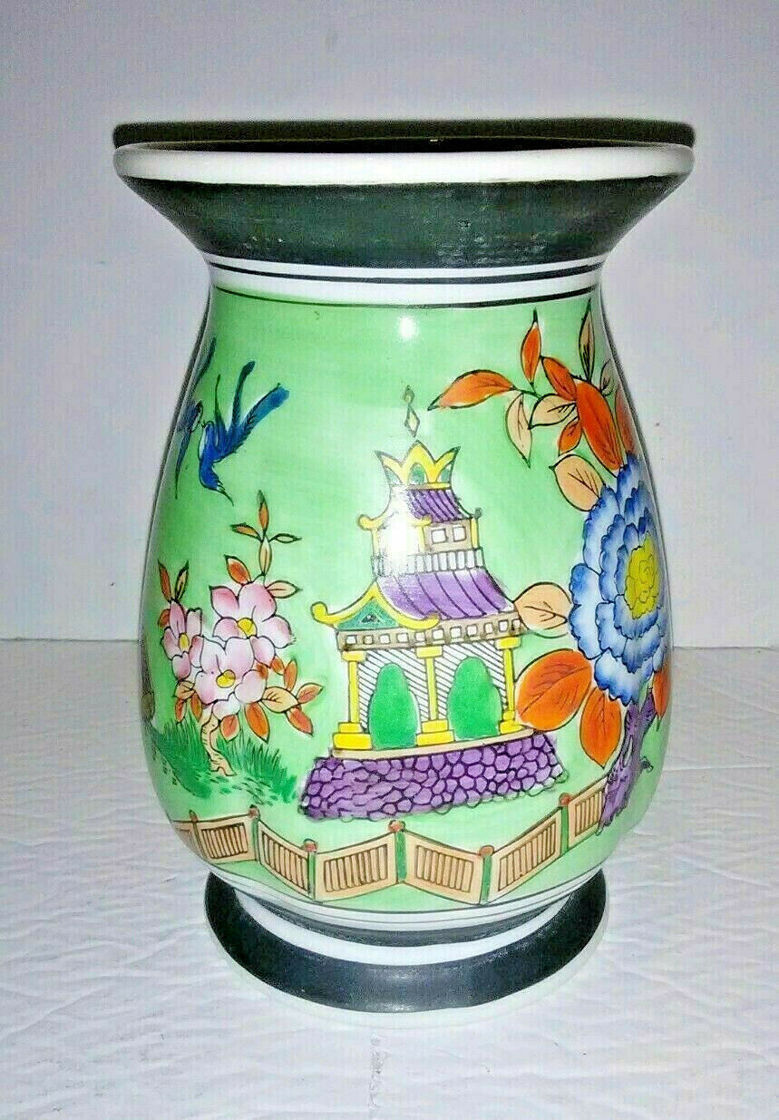 Vintage Goldcastle Japan Porcelain Vase Palace Mums Birds Art Deco Hand Painted