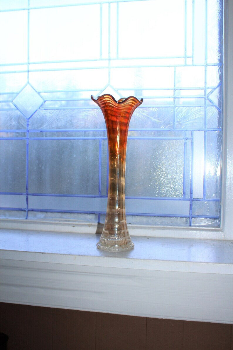 Tall Carnival Glass Vase Marigold Imperial Ripple Antique 1910s