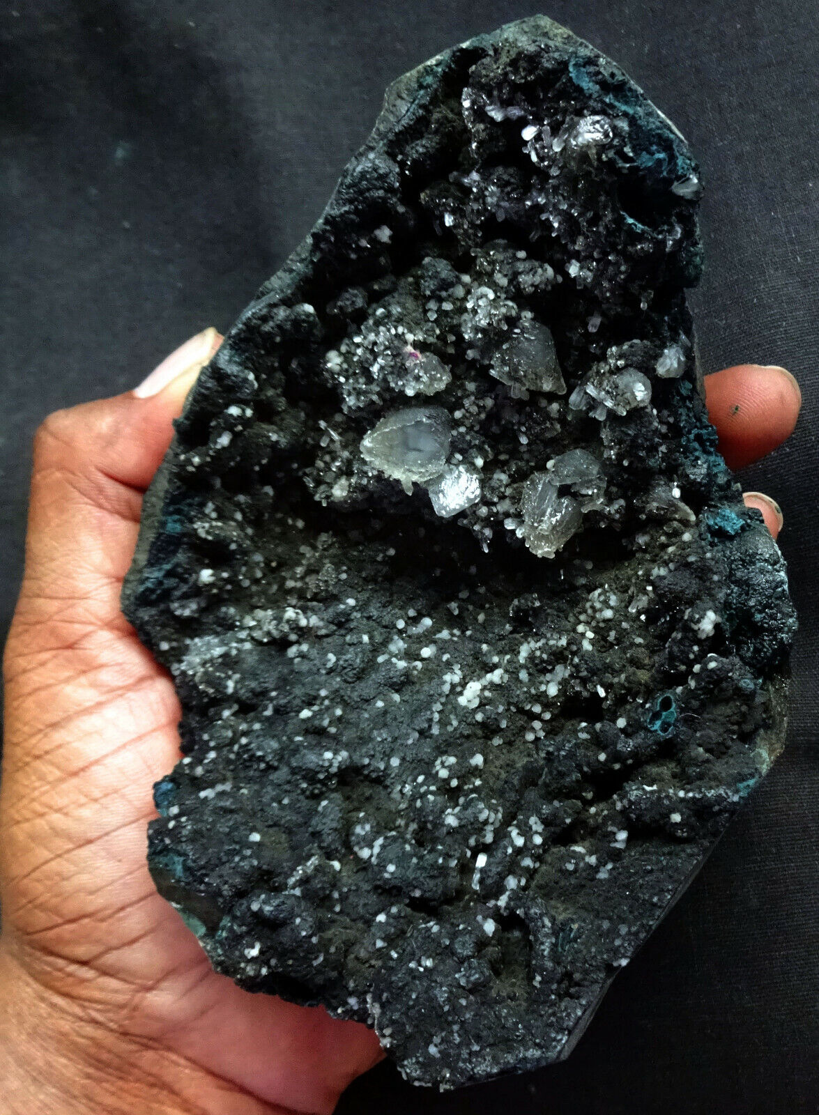 STUNNING POINTED CALCITE CRYSTALS IN BLACK CORAL CHALCEDONY FORMATION SEMI GEODE