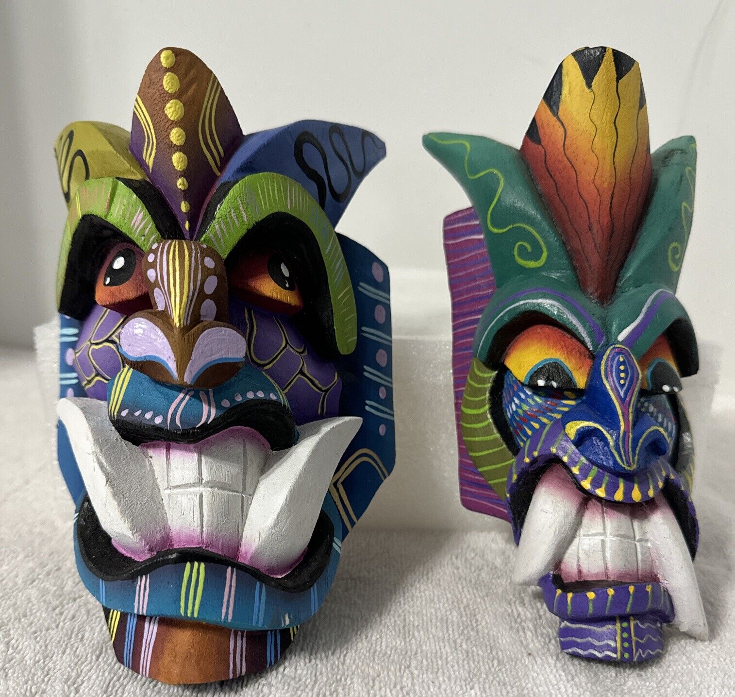 2-Signed Hand Painted BORUCA Carved Wood Mask Costa Rica Small