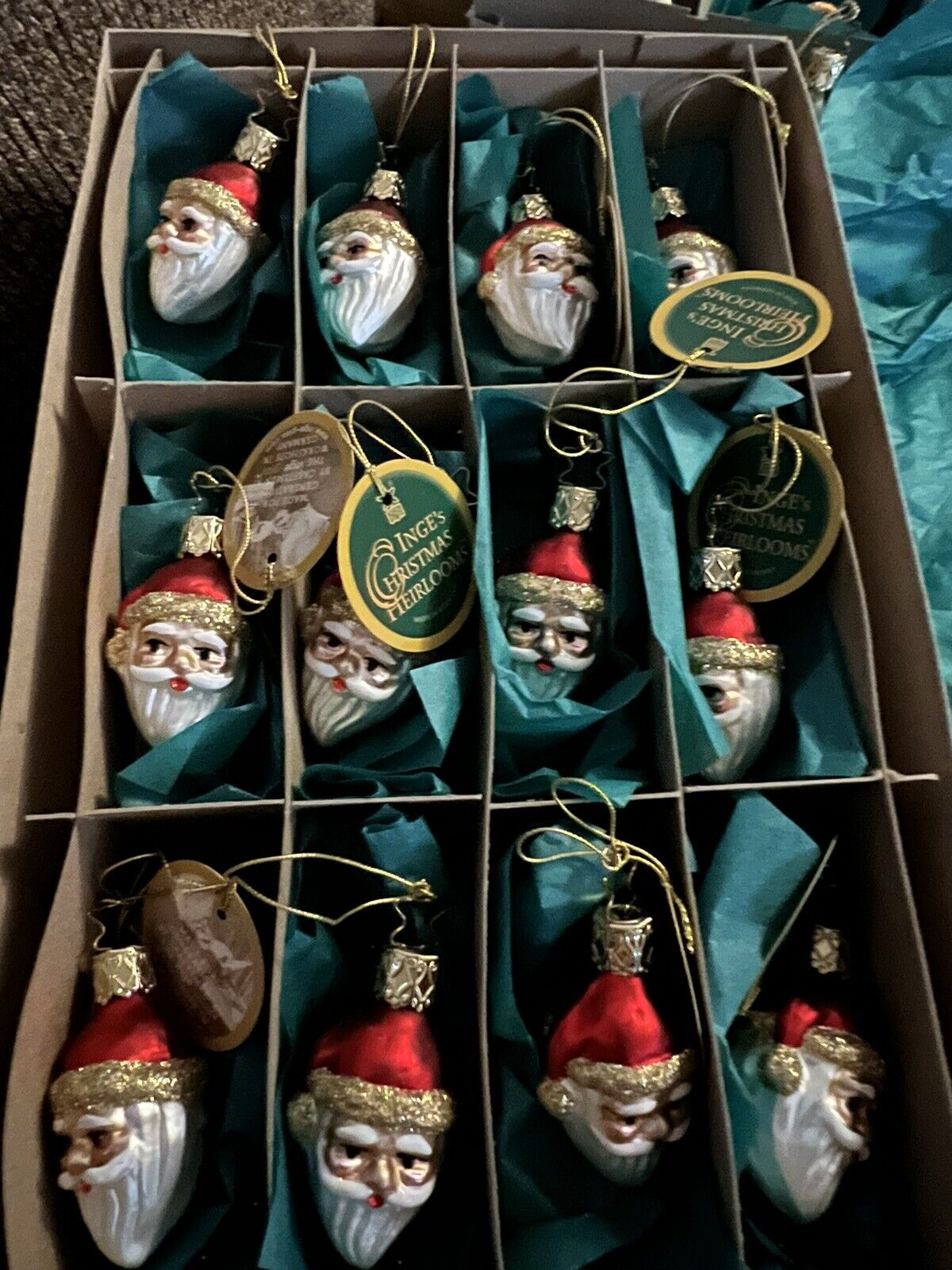 Inges Heirloom Glass 12 Mini Santas Heads Ornaments Beautiful With Tags.