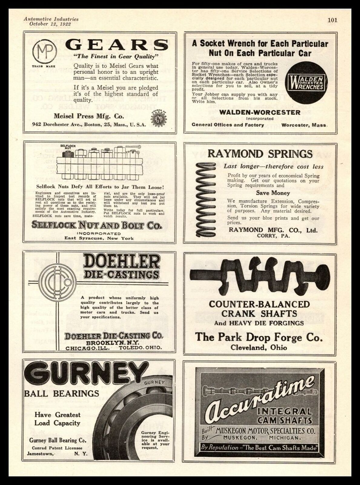 1922 Gurney Ball Bearings Jamestown New York Selflock Nut Bolt Syracuse Print Ad