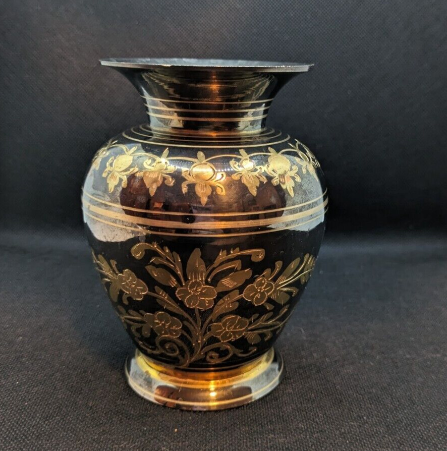India Brass Metal Vase Black with Gold Details, Floral Design 5\