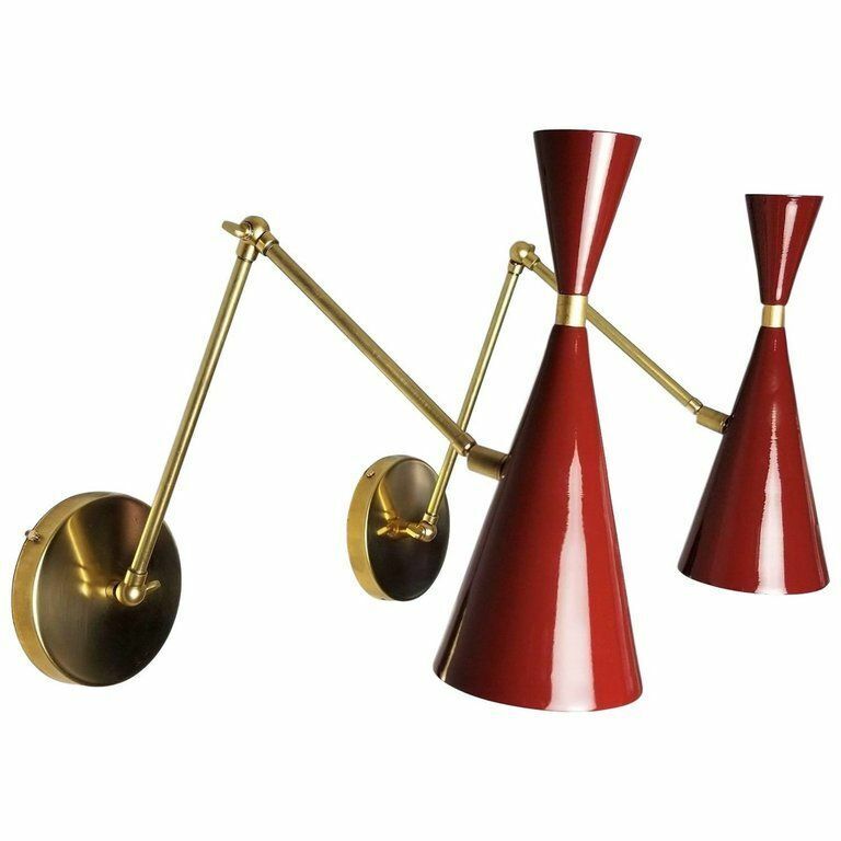 Pair of Modern Blood Red Enamel Monolith Reading Lamps Adjustable Wall Sconces 