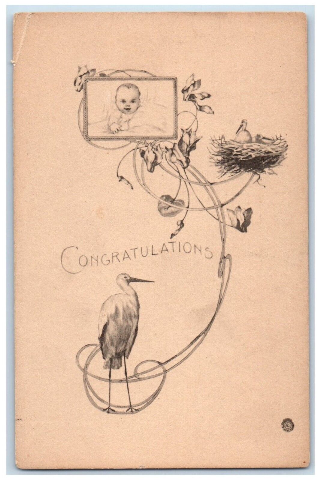 c1910's Congratulations Stork Nest Baby Art Noveau Unposted Antique Postcard