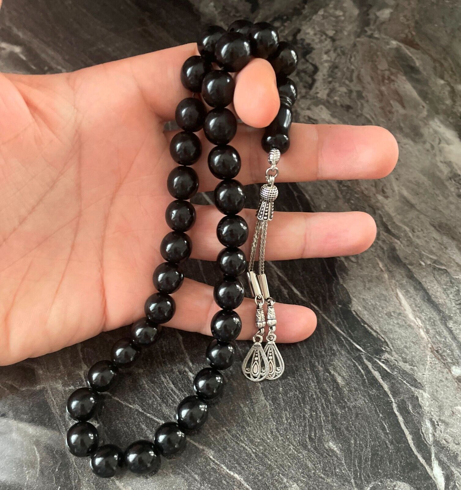 REAL Georgia Oltu Stone Islamic Prayer 33 beads Misbaha Rosary Tasbeeh 12mm BIG