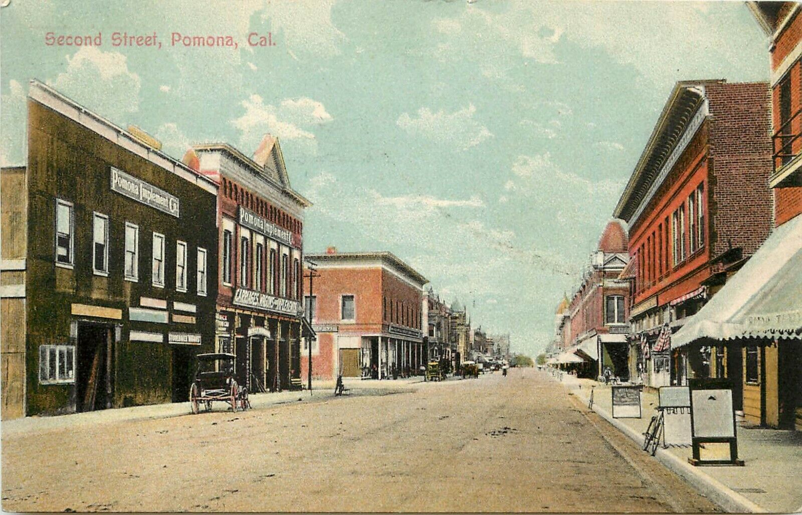 Postcard; Second Street Scene Pomona CA, Pomona Implements Carriage Shop