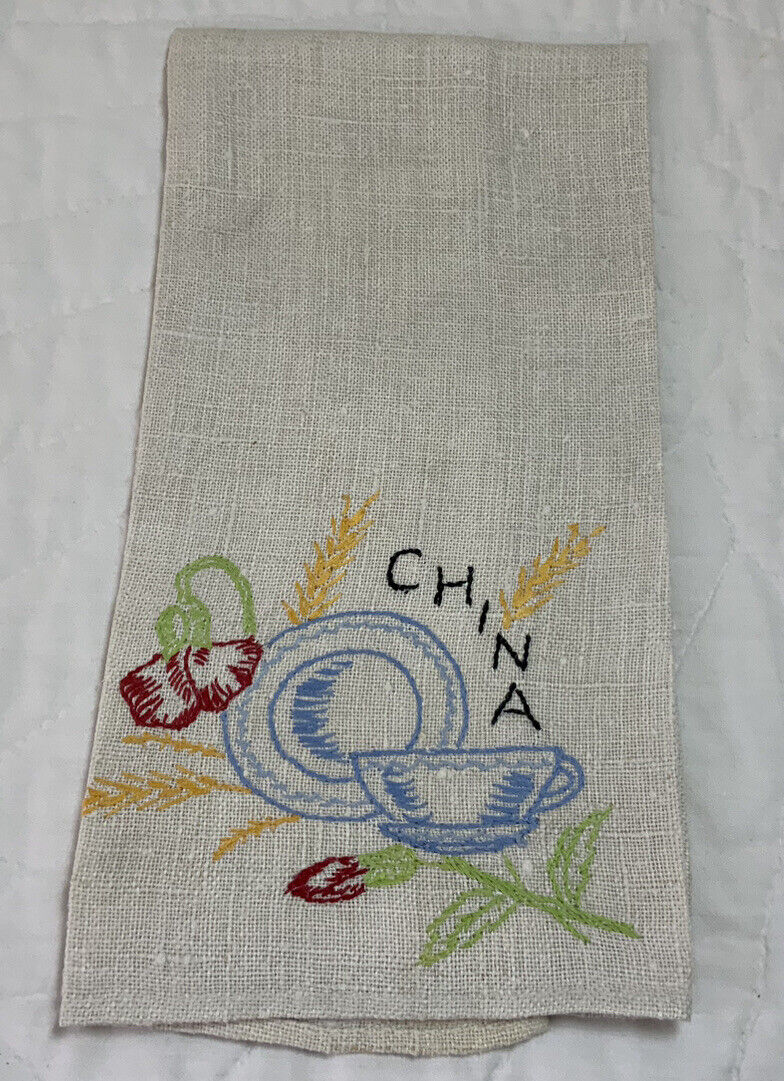 Vintage Kitchen Show Towel, Embroidered Flower, Saucer & Tea Cup Design, Linen