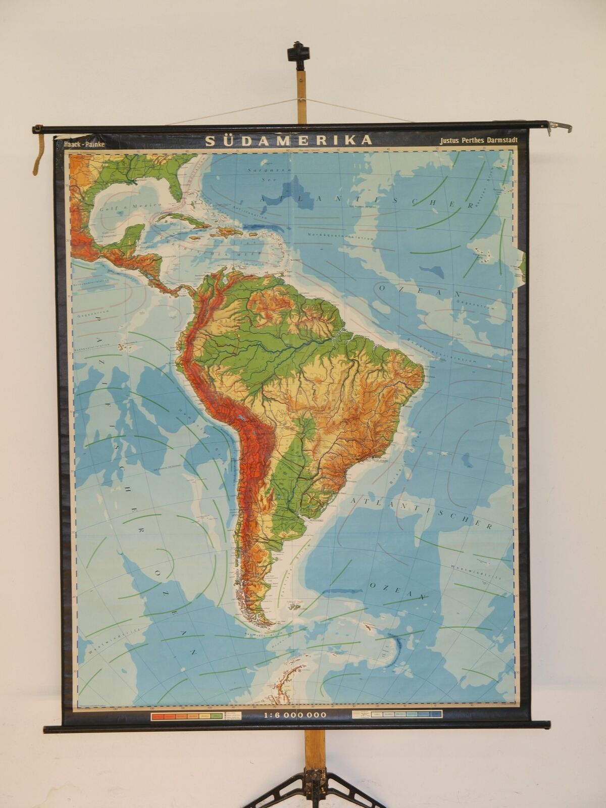 South America Physisch Caribbean To Chile 1967 Schulwandkarte Wall Map