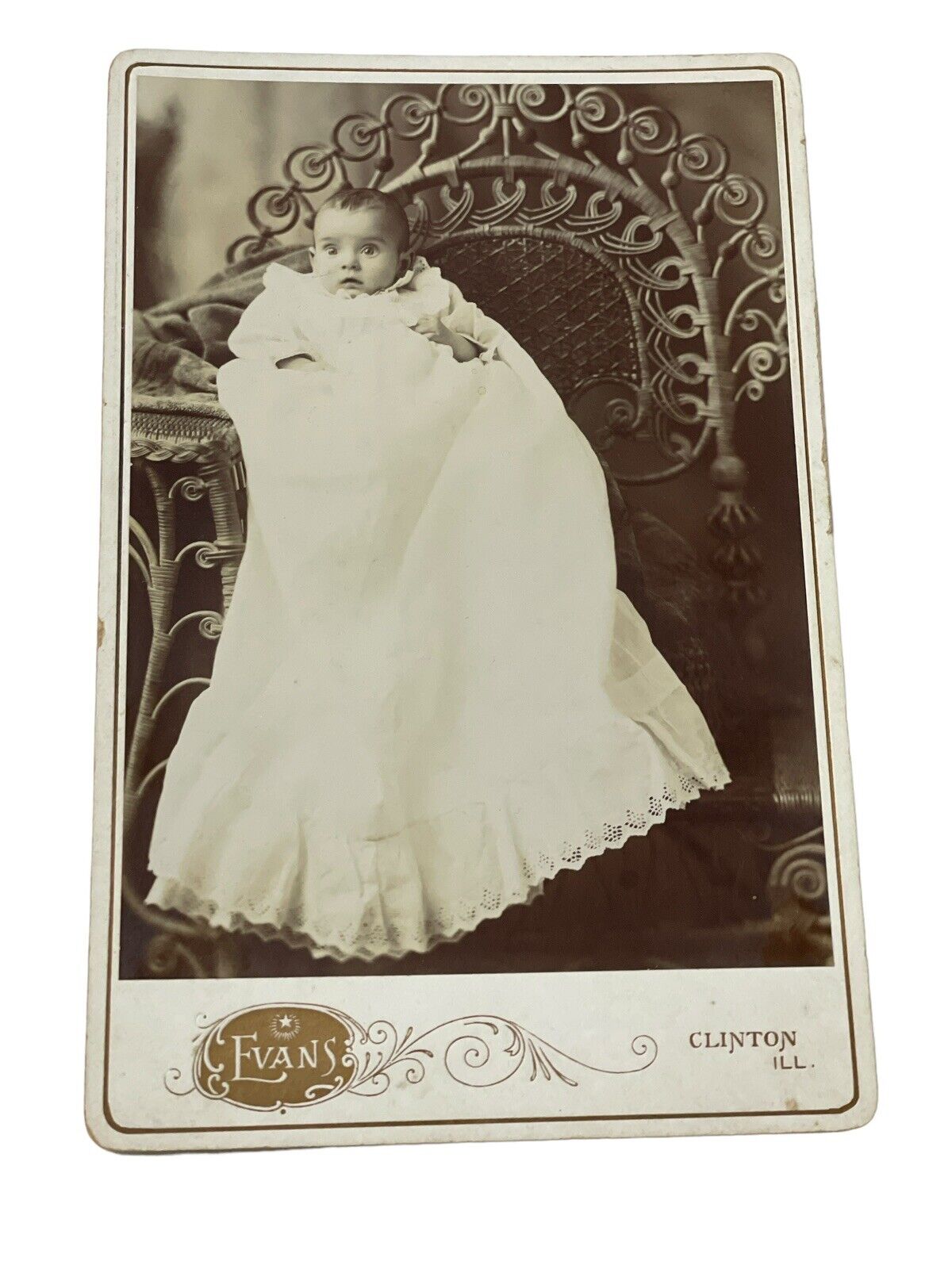 1800's Cabinet Card Portrait of a Baby in a Peacock Wicker Chair 4x6 Illinois