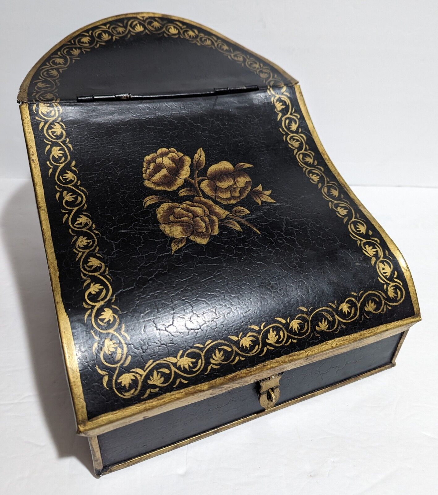 Vintage Metal REPO Gold Stenciled Black Lock Box Coal Scuttle - Victorian Style 