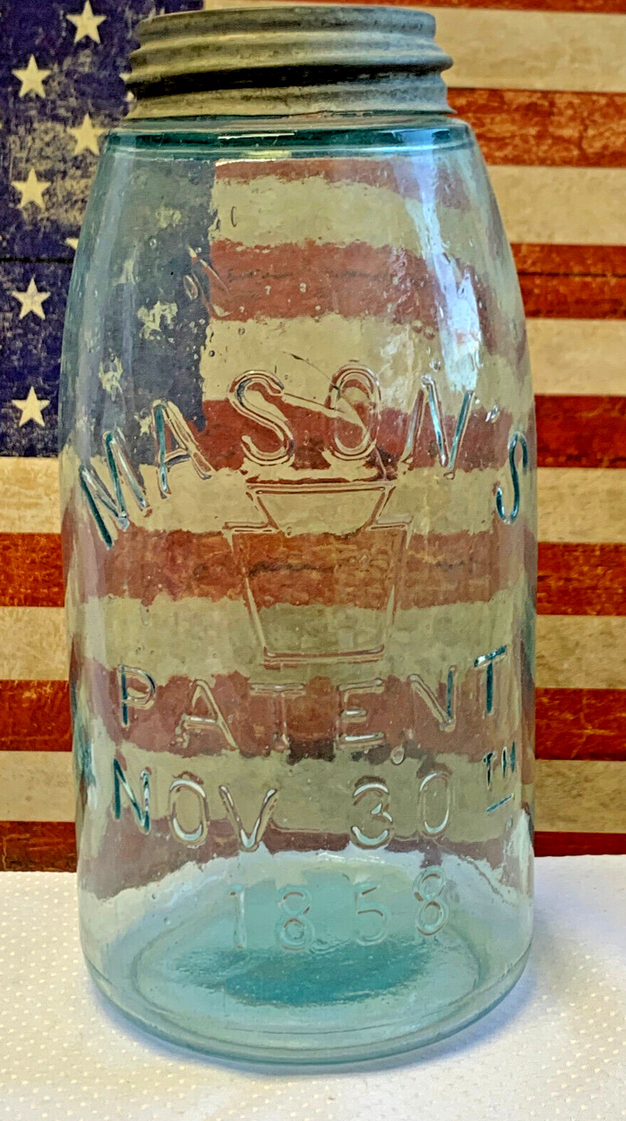 Vtg Mason's Keystone Atlas Glass Jar Raining Blue Glass Lidded Pat Nov 30th 1858
